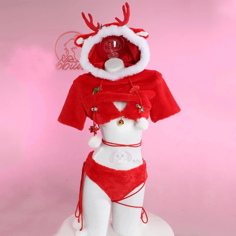 

Elk Cosplay Costume Women Sexy Kawaii Plush Hooded Bodysuit Cute Lingeries Uniform Christmas Pajamas Set