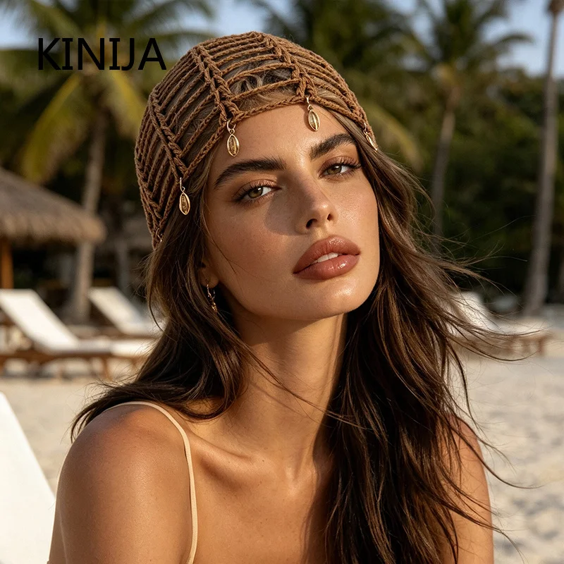 Y2K Cotton Crochet Shell Beanie Hat Shell Fringe Breathable Bohemian Beanie Hat Crochet Knit Bohemian Style Beach Skull Cap