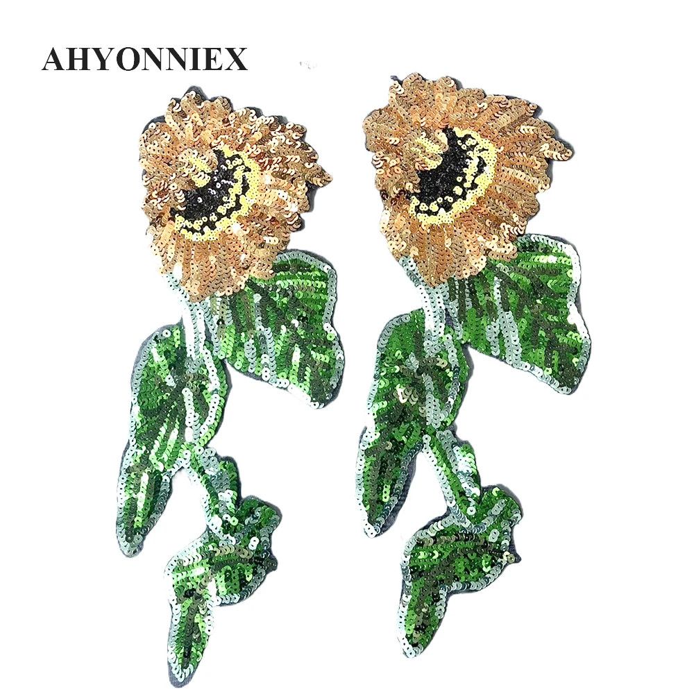 Sunflower Sequins Iron on Patch, DIY Applique, Clothes, Bag Decoration, Adhesive Backing, 13.3*36cm, 1 Pc