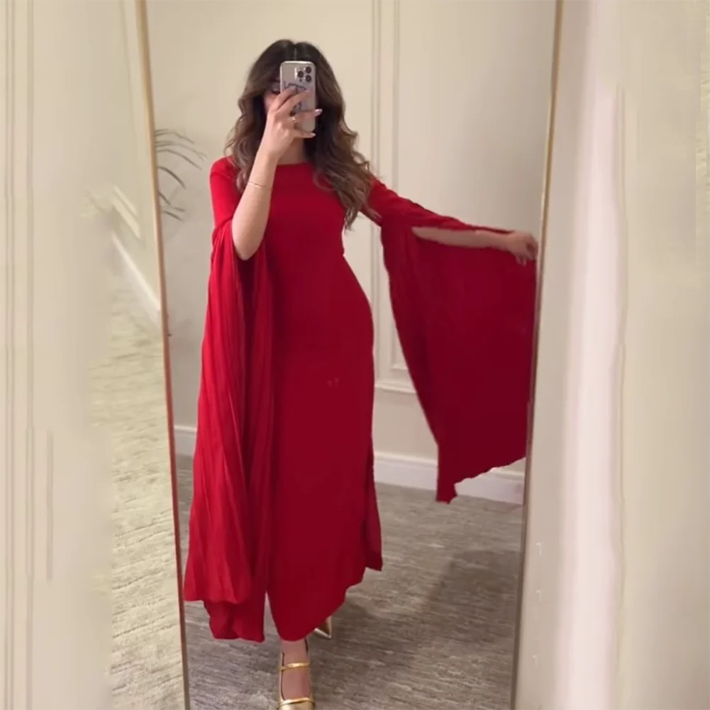 

Elegant Long Sleeves Prom Dresses Floor Length Neck Sheath Evening Dresses Long فساتين سهرة Red Formal Party Dress Vestidos