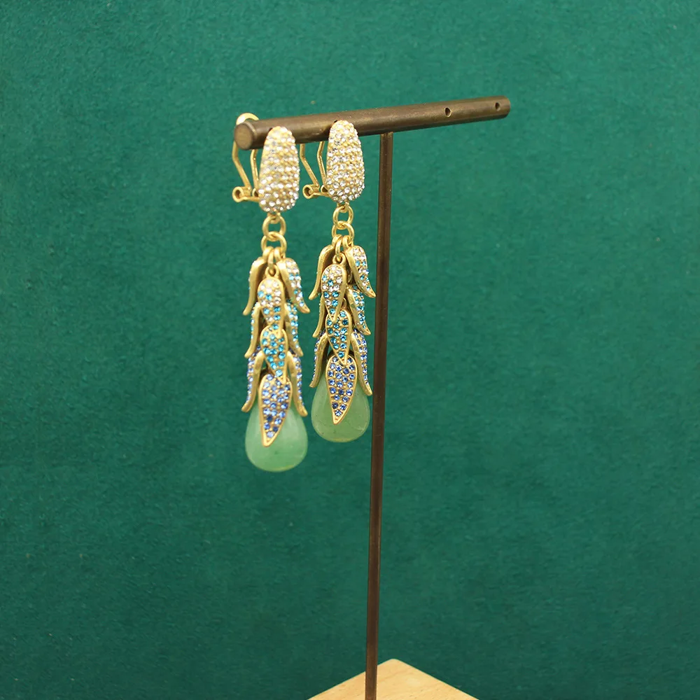 Vintage Leaf Earrings Gold-Plated Copper Green Natural Stone Dangle Heavy Craft Jewelry Accessories Birthday Gifts for Women