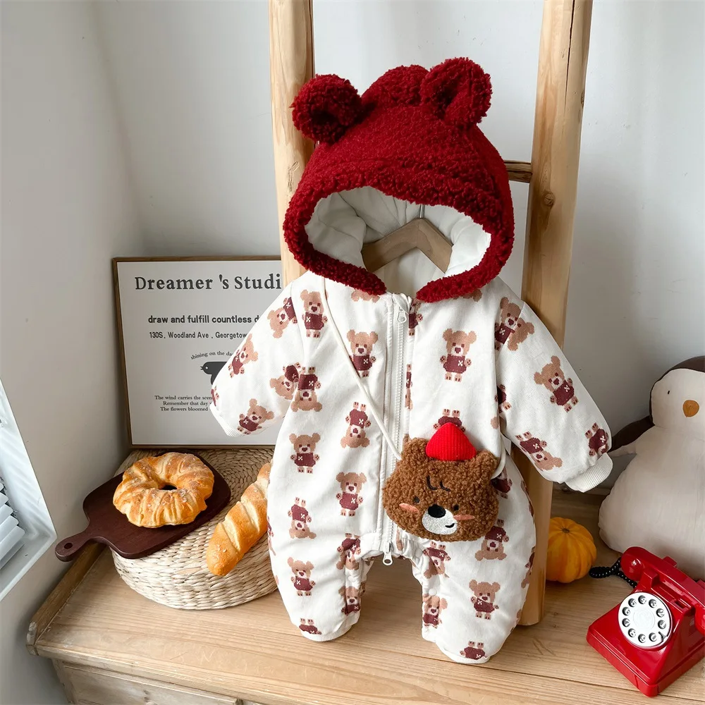 Korean Baby Girl Winter Jumpsuit Cute Little Bear Fleece Cotton Hooded Infant Girls Climbing Suit Thick Warm Newborn Girl Romper