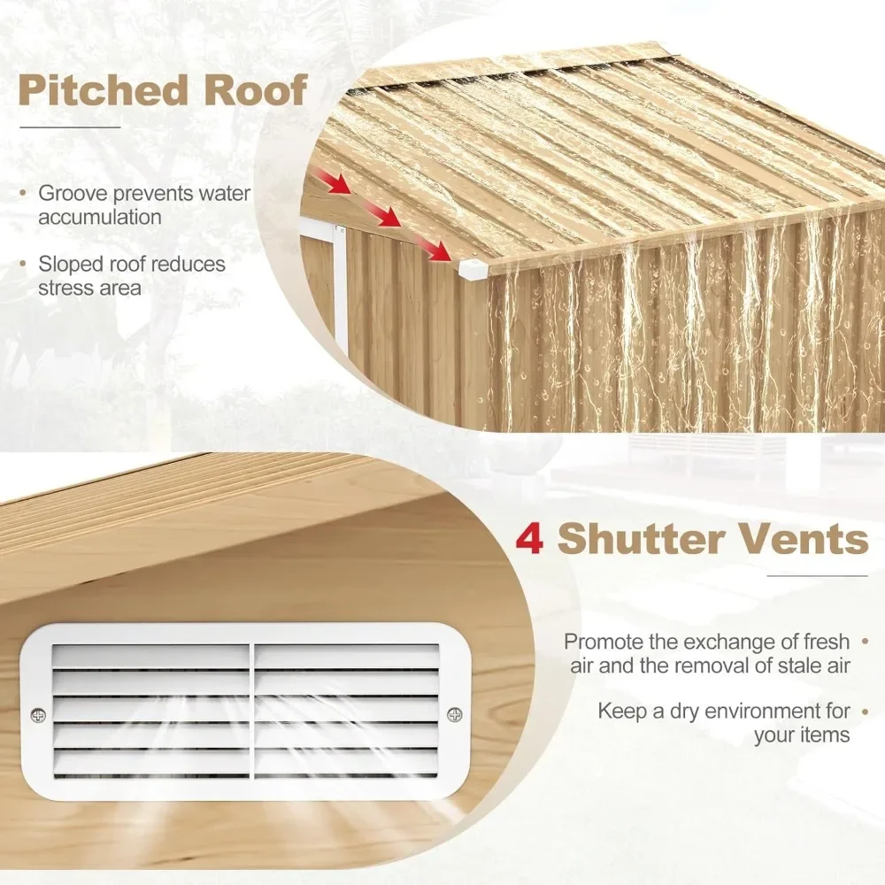 

Сарай для хранения на открытом воздухе с текстурой под дерево, органайзер для инструментов из оцинкованной стали, с 4 вентиляционными отверстиями и запираемой дверью.