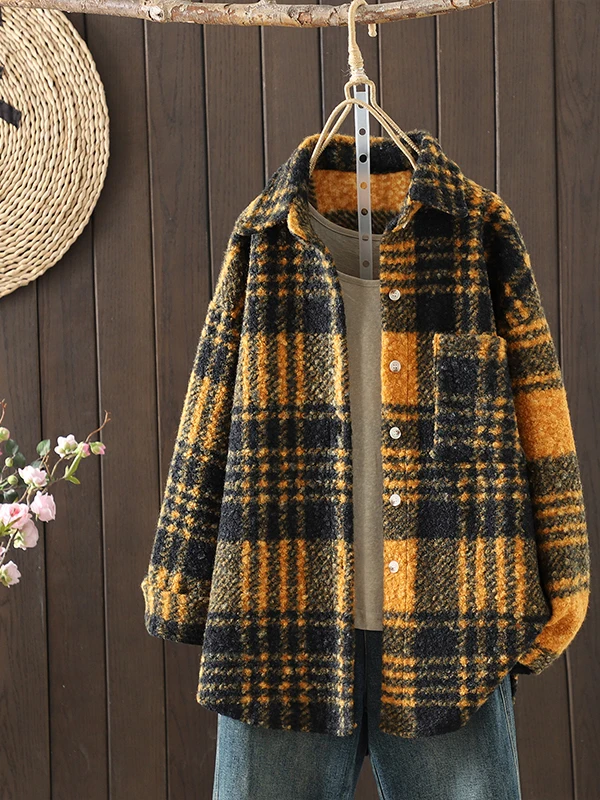 

Casual Loose Plaid Woolen Coat Korean Sle Women's Faion Outerwear Comfortable Fit Long Sve Button up Ladylike Design