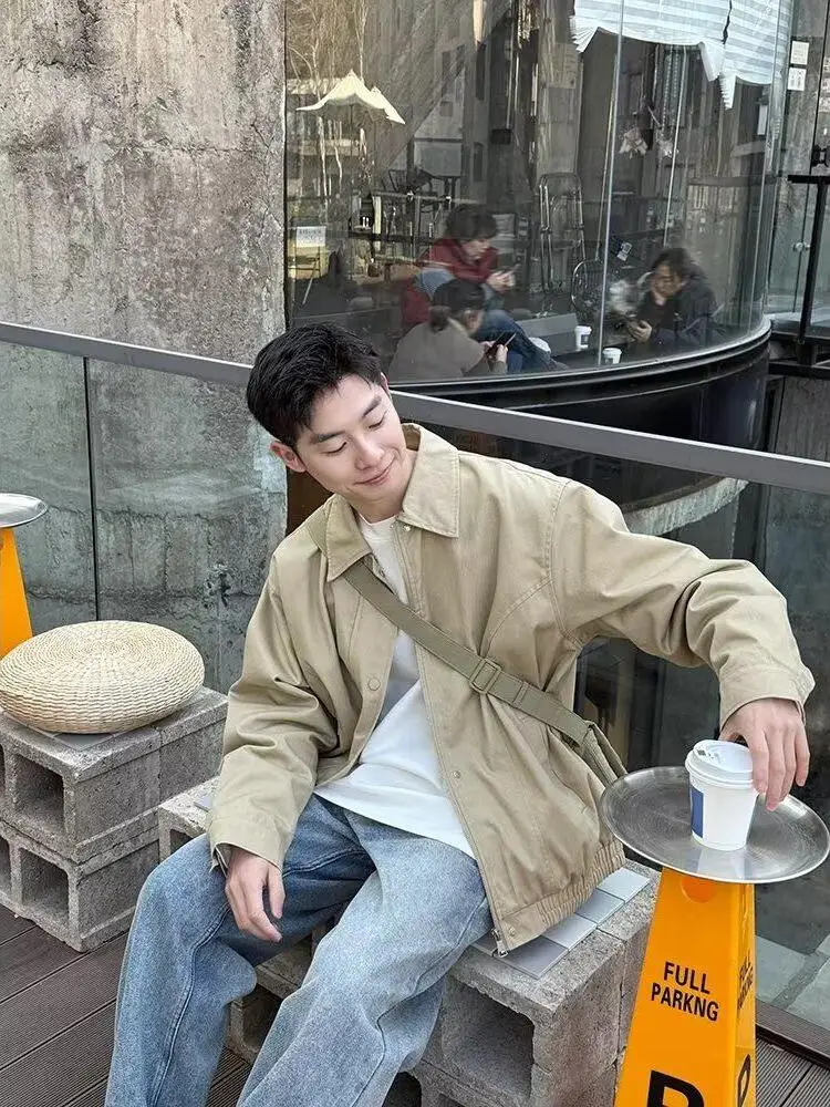 

Повседневная однотонная куртка с воротником, весна-осень, свободная посадка, модная рабочая одежда цвета хаки, универсальная верхняя одежда для подростков