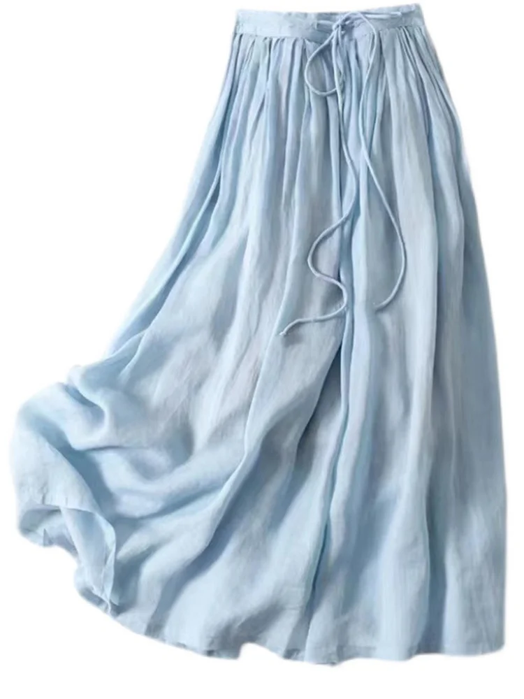 Gonna longuette a trapezio a vita alta, tessuto misto lino, colore, gonna con cintura, gonna lunga, collezione estiva