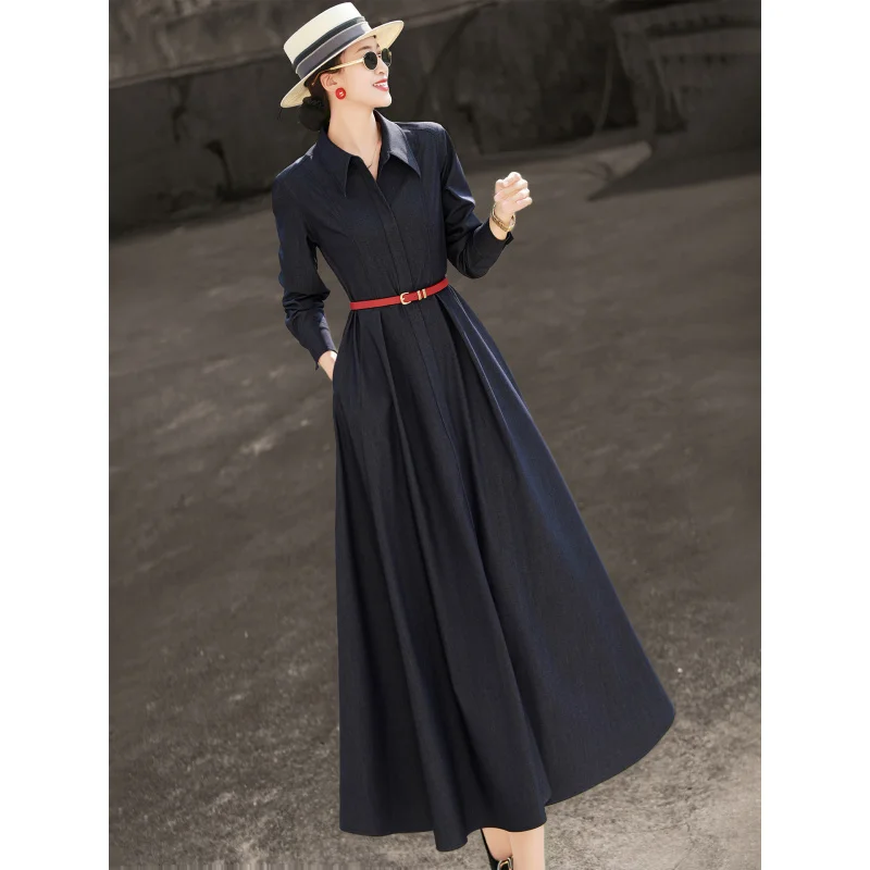MEXCOCO 2026 New Spring Lapel Collar Long Sleeve Belted Waist Pocket Maxi Shirt Dress For Women