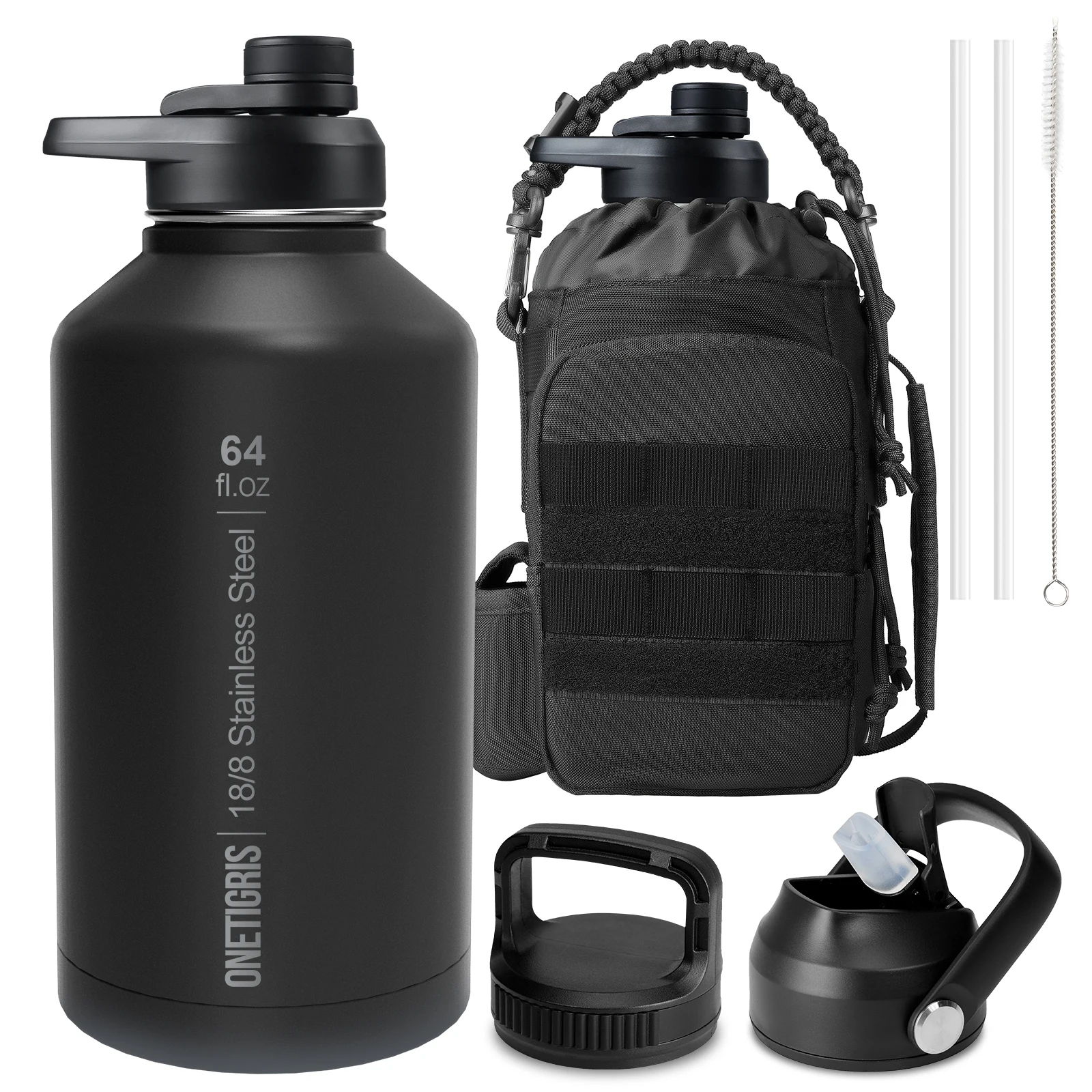 

OneTigris Tactical Half Gallon Water Bottle with Straw - 64 oz Vacuum Insulated Stainless Steel Water Jug Leakproof Sport Bottle