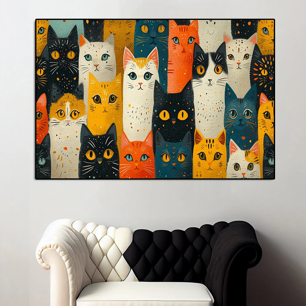 

abstract cute cat portrait canvas painting colorful animal watercolor poster and print pet comic wall art kids room home decor