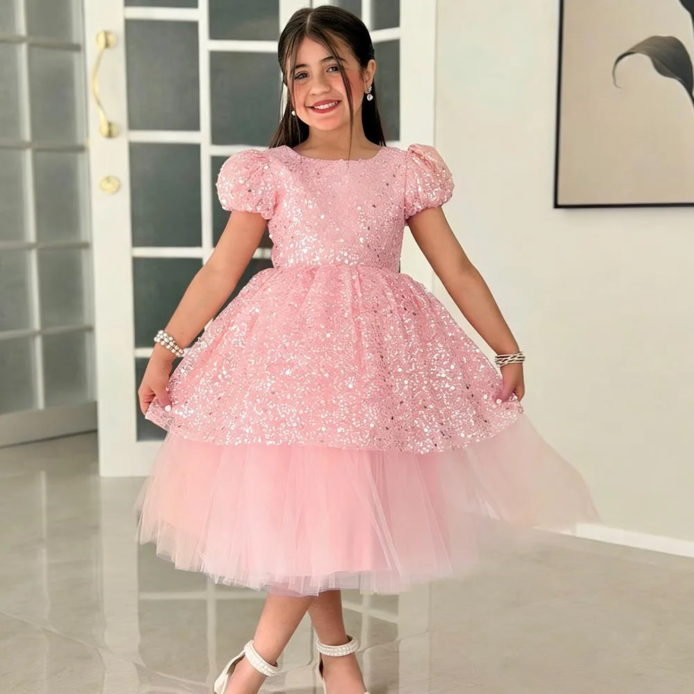 

Pink Glitter Flower Girl Dresses Short Sleeves Dress For Girls Sequin Birthday Dress Luxury Girl Princess Dress Cute Kids' Dress