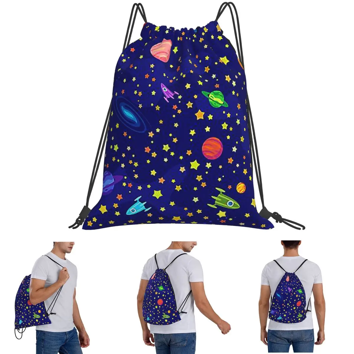 Starry Sky Space Galaxy Sun Moon Backpacks Portable Drawstring Bags Sports Bag Book Bags for Travel Students