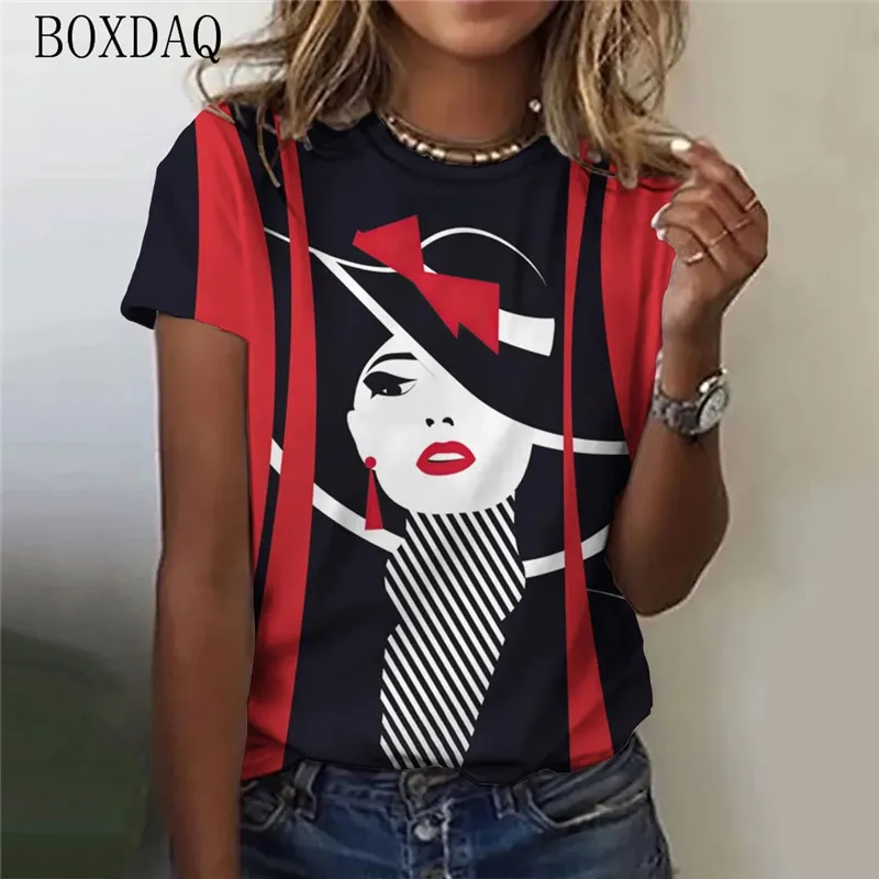 Women Fashion T-Shirts Short Sleeve Hand-Painted Character Face 3D Print Streetwear Ladies T-Shirt Summer O-Neck Casual Tops