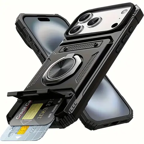 Funda Resistente para Teléfono con Ranura Oculta para Dos Tarjetas y Protección de 360° °   Soporte Giratorio de Anillo Metálico, Carcasa Rígida Resistente a Impactos con Protección Elevada para Cámara, Compatible con iPhone 17 Pro Max/16/15/14/13/12/11/Plus/Serie Aie