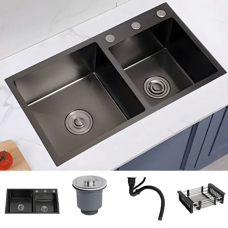 for Kitchen Sink Stainless Steel Nano Double Basin with Faucet Hole Thickened Handmade Hot Sale for Foreign Trade Export
