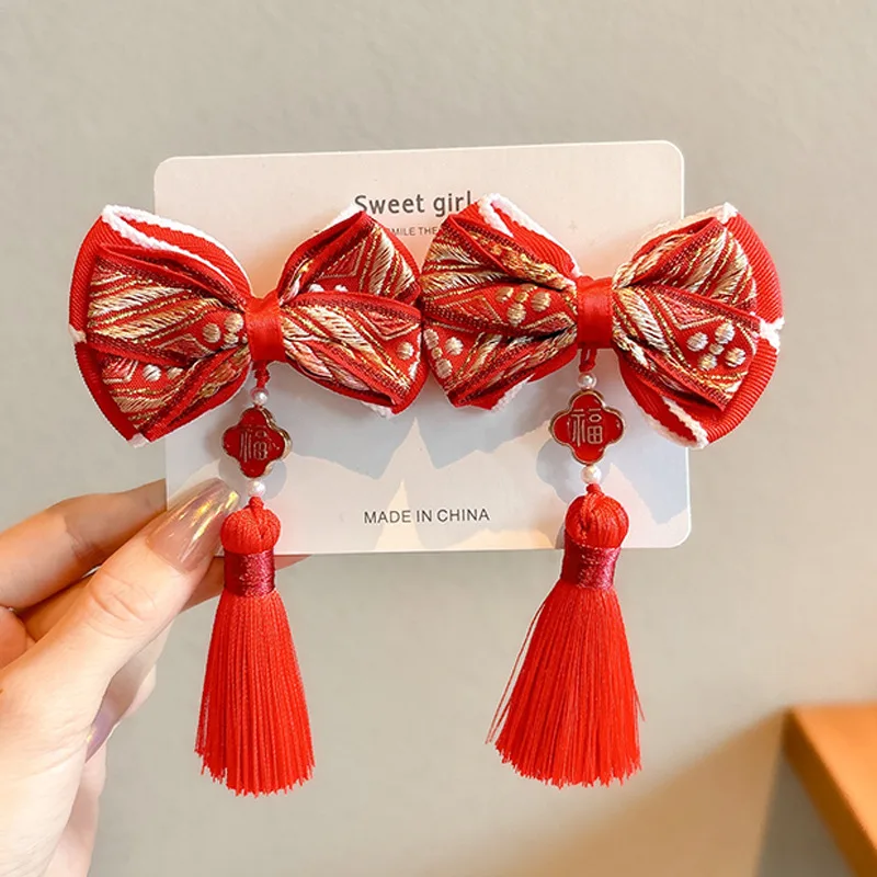 

2025 New Year's Hair Clip for Girls Little Girl's New Year's Greeting Hairpin Red Bow Tassel Duckbill Clip