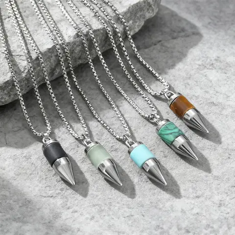 Stylish Bullet Necklaces for Men,Stainless Steel Natural Stone Pendant Necklace,Healing Jewelry Gift for Father Husband Son