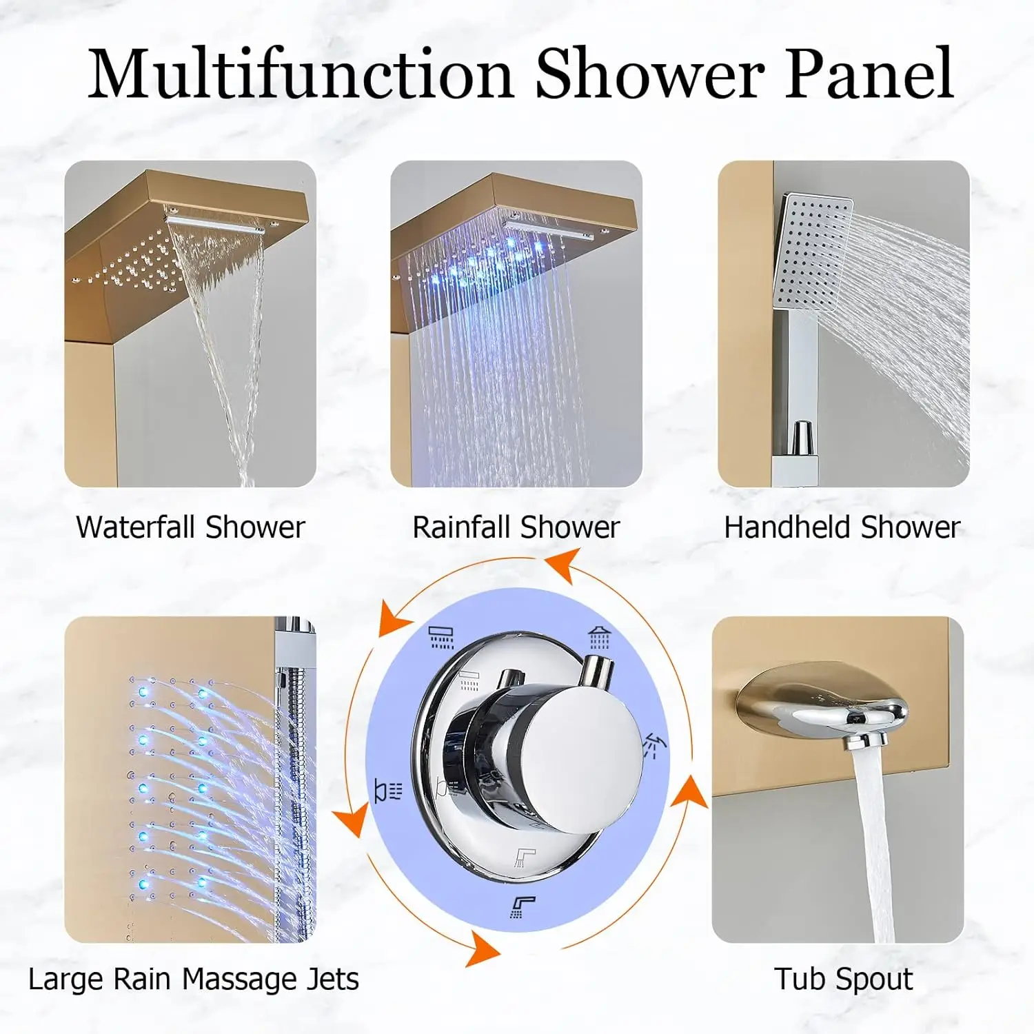 KEMAIDI Shower Panel Bathroom Shower Tower w/ LED Rainfall Waterfall Shower Head Body Massage Jet Shower Tub Spout Shower Column