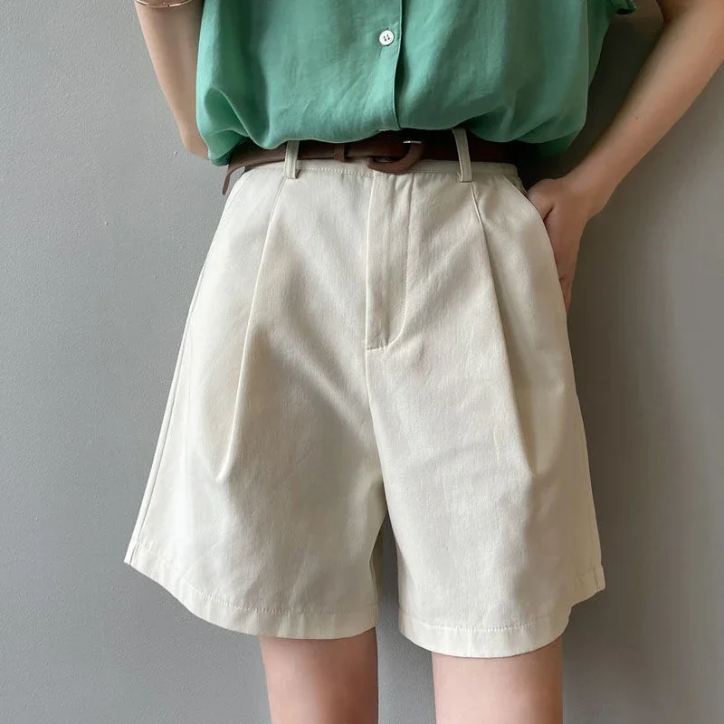 Belt Pure Cotton Shorts Women High Waist Wide Leg A Line Suit Shorts Office Lady Korean Solid Loose Casual All Match Short Pants