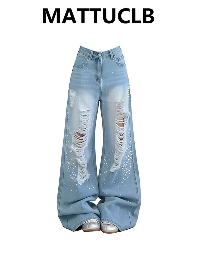 

Summer Women's Jean Punk Wide Fit Ripped Denim Pants Design Bleach Y2K Japanese Harajuku 2000s Grunge Tide High Street Korean