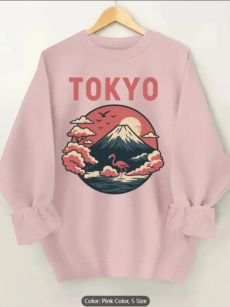 Felpa da donna color albicocca Tokyo Mount Fuji Flamingo con stampa grafica Pullover oversize casual per gli amanti dello stile da viaggio in cotone