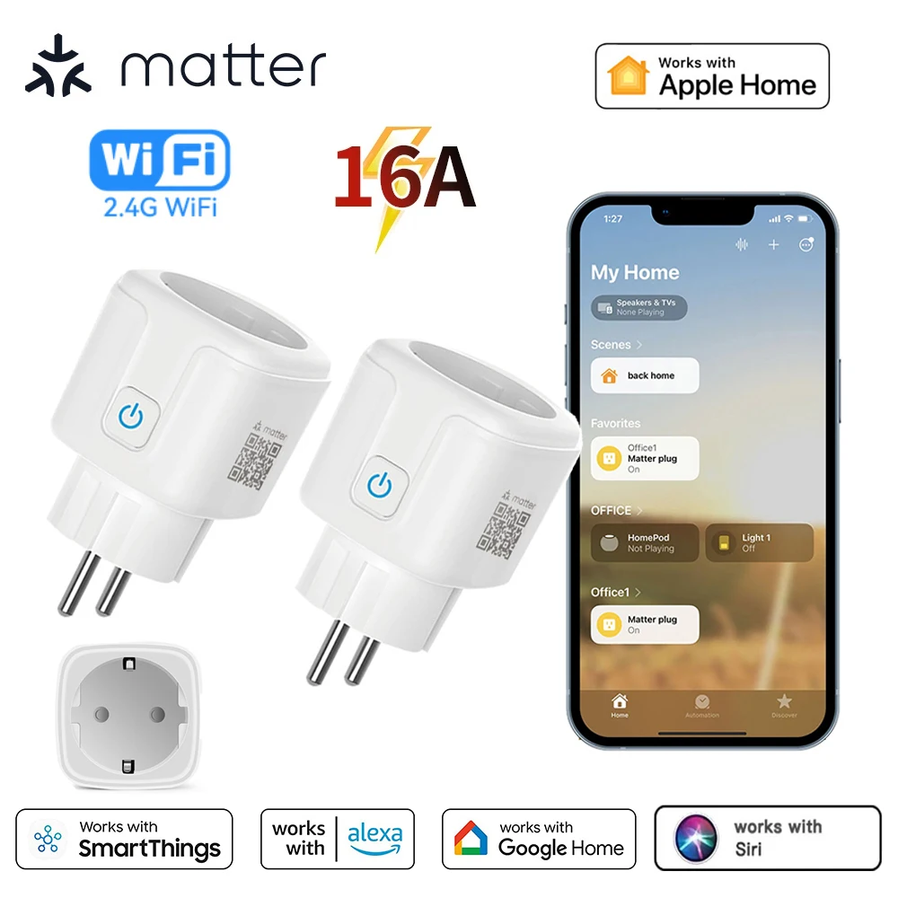 Matter Smart Plug EU WiFi Smart Socket 16A Home Appliance Outlet APP Remote Control Works with HomeKit Siri Alexa Google Home