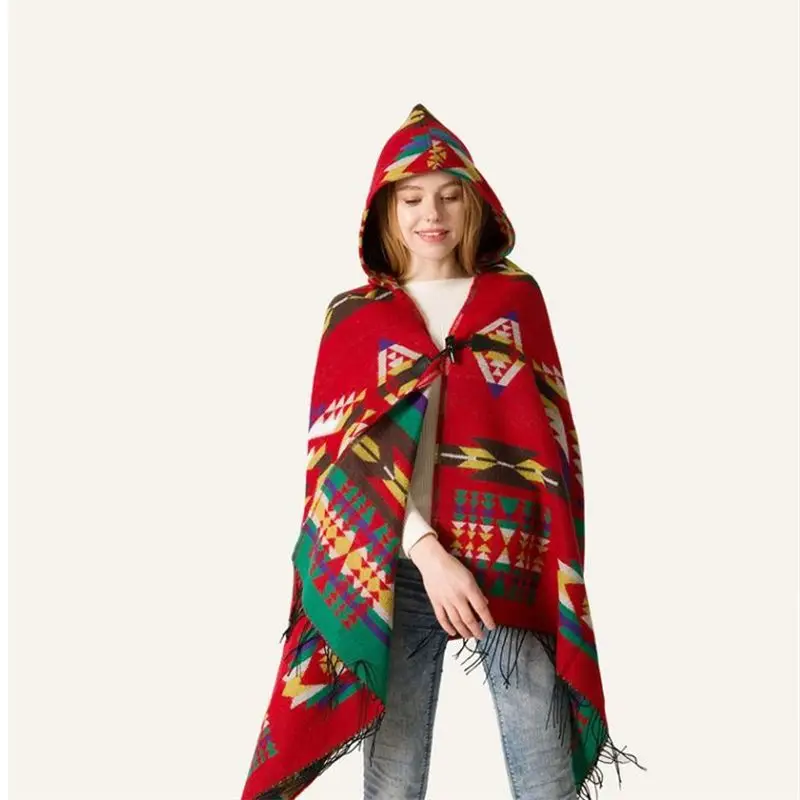 

2024 New Ethnic Style Travel Vacation Oxhorn Button Tassels Hooded Cape Cloak Women Clothes Bohemian Holidays Poncho Shawl Coats