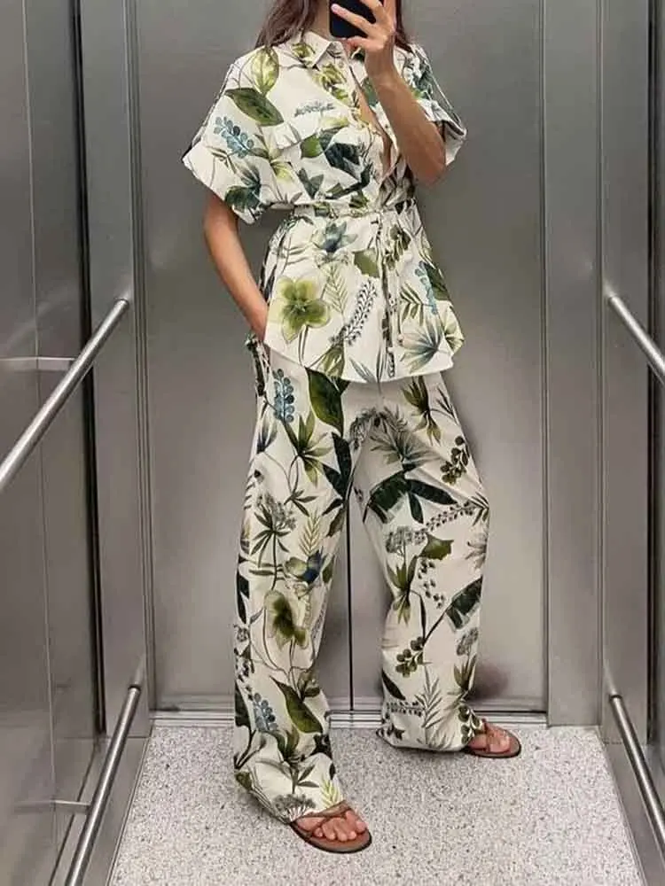 

European style new women's fashion versatile printed loose short-sleeved shirt tops high waist straight trousers suit