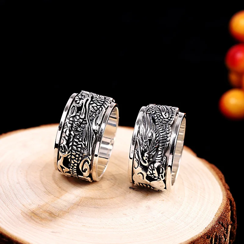 12 مللي متر عرض حقيقي S925 فضة محظوظ التنين طبقة مزدوجة للتدوير مغلق التنين الدائري للرجل امرأة غرامة مجوهرات هدية #3