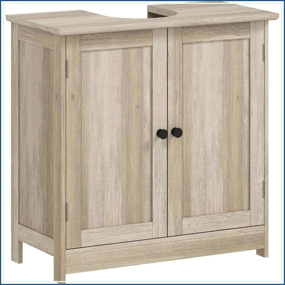 Under Sink Bathroom Cabinet with 2 Doors, Shelf, U-Shape, Oak