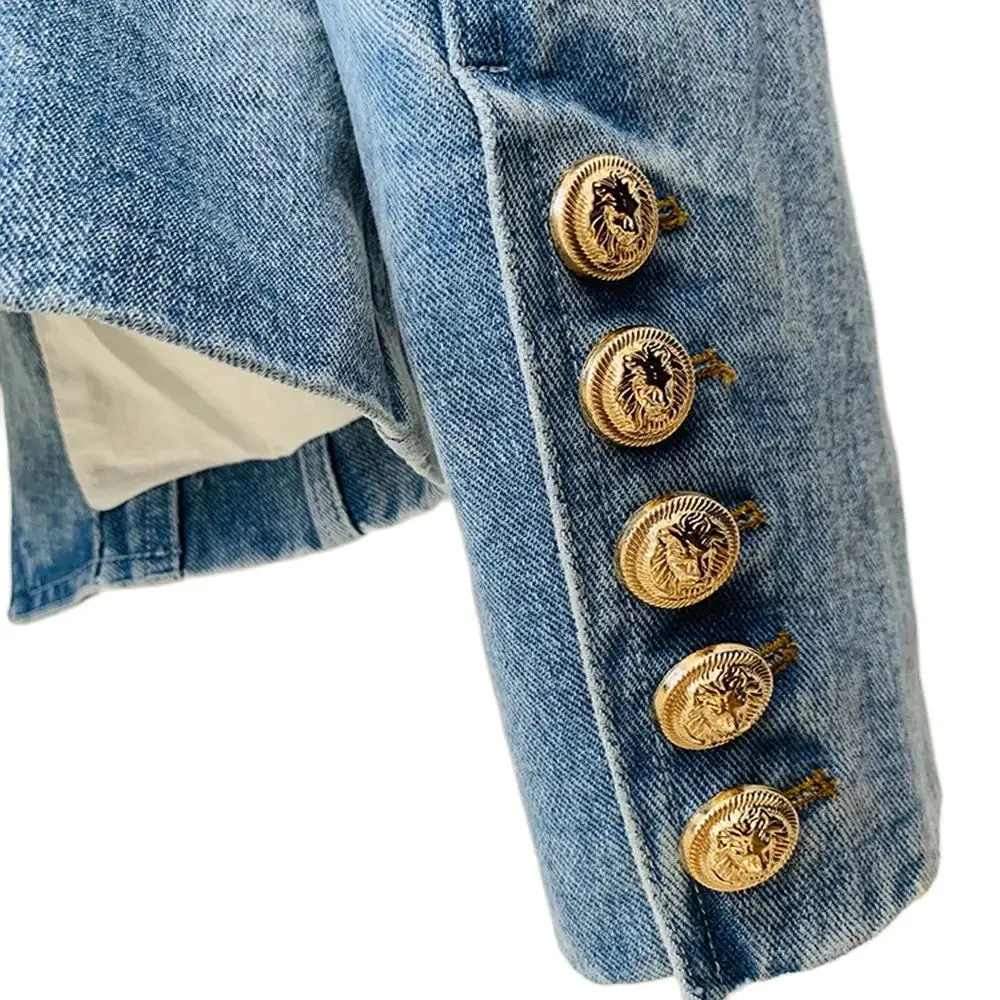 Newest 2024 Designer Jacket Women\'s Slim Fitting Double Breasted Lion Buttons Denim Blazer