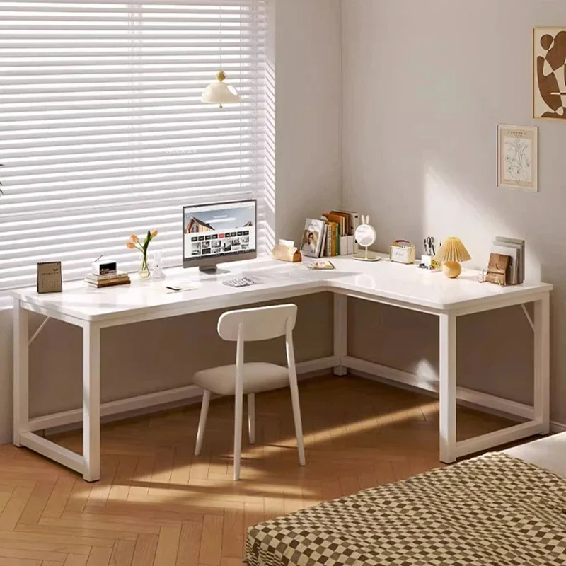 Modern Corner Computer Desks Home Double Desktop Gaming Esports Table Bedroom Simple Cream Style Study Desks with Bookshelf Q