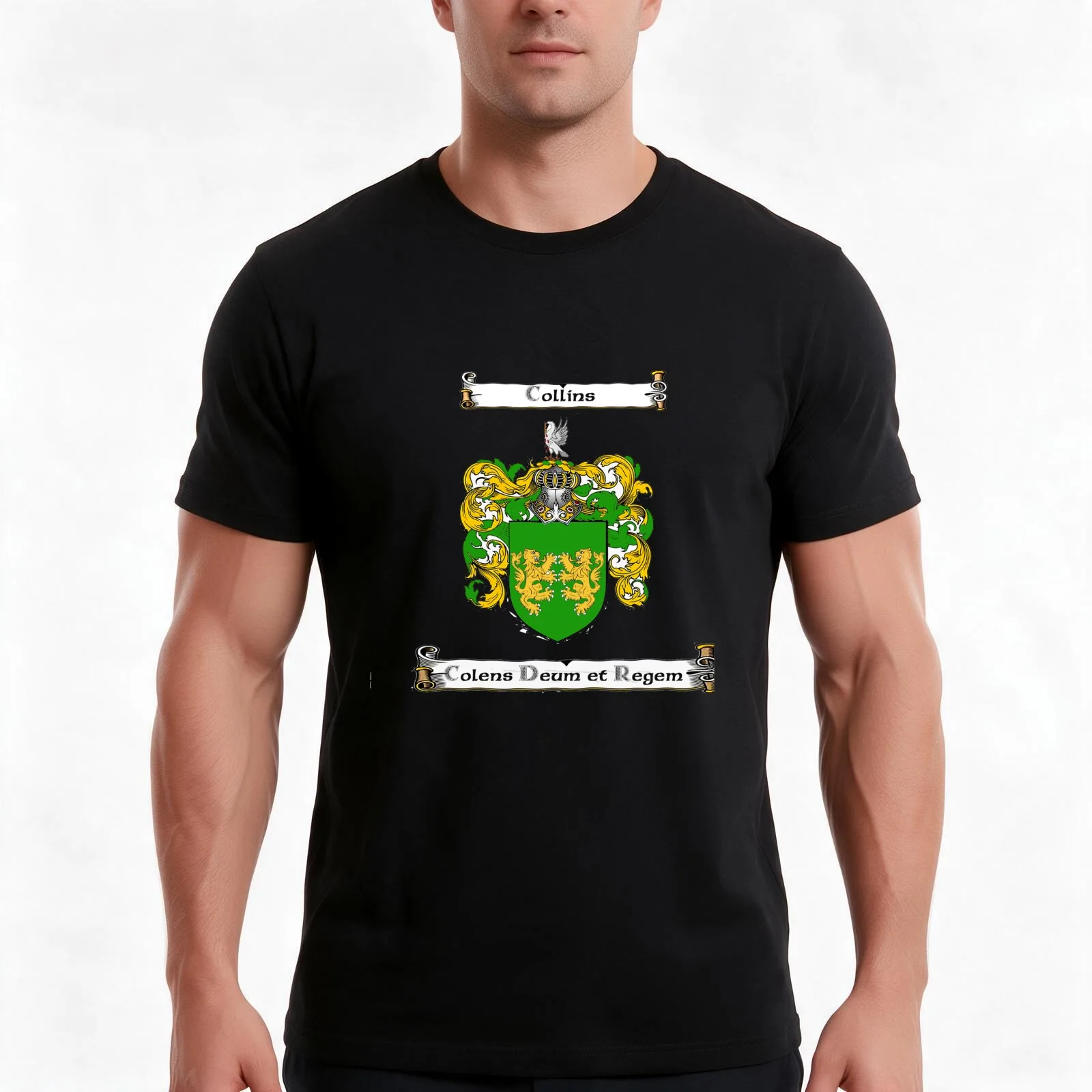 Collins Family Crest and Motto T-Shirt, Summer Casual Cotton Tee, Oversized Streetwear Tops, Vintage Graphic Print, 100% Cotton