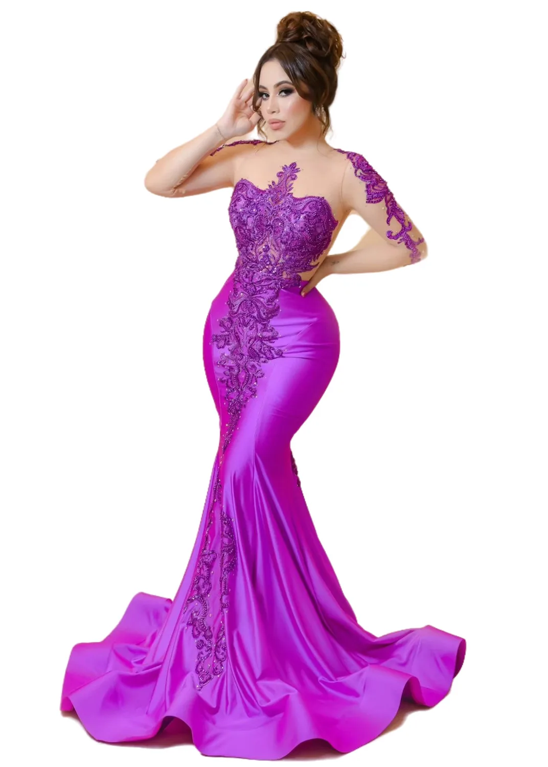 2024 Purple Mermaid  Prom Dresses Lace Beaded Evening Formal Party Second Reception Birthday Engagement Gowns Dress ZJ36