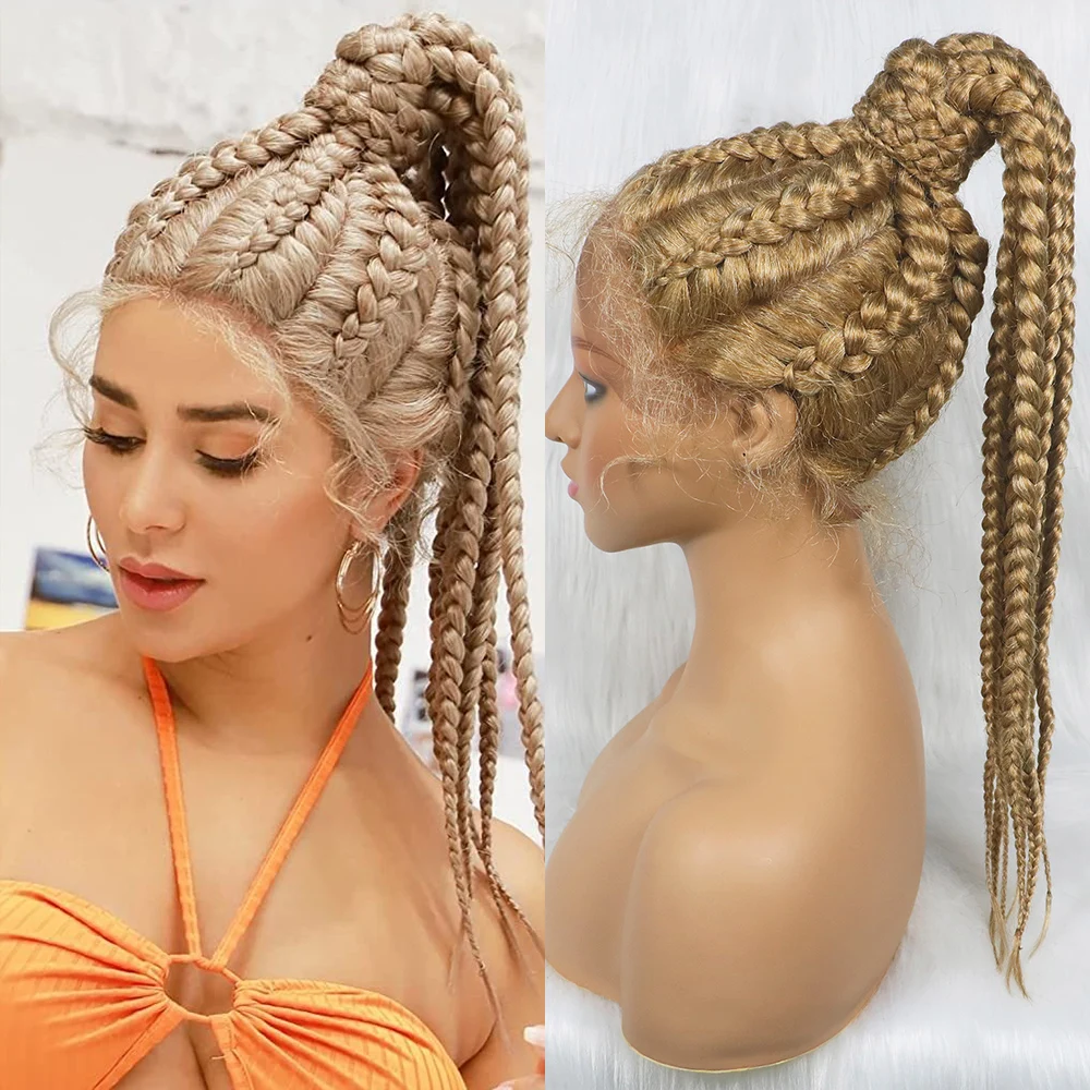 Blonde Synthetic Braided Wigs with Baby Hair Ponytail Braids Wigs for Women High Ponytail Honey Color Wigs