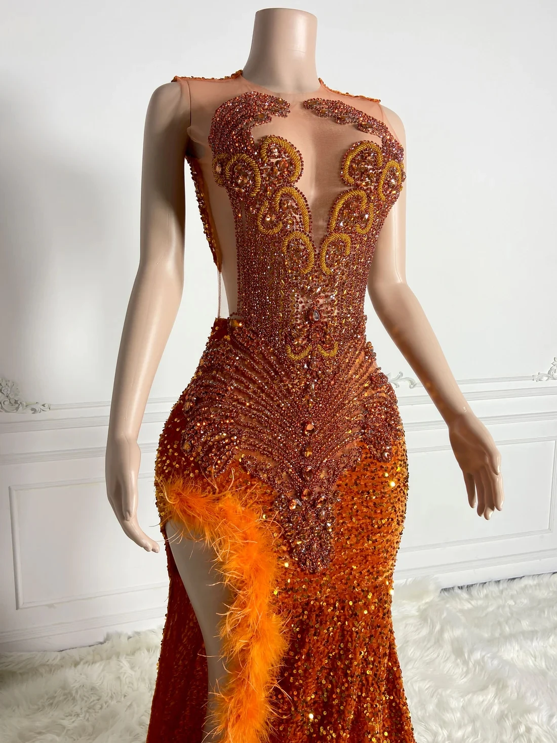 Orange Sheer Long South African Prom Dresses For Black Girls Mermaid See Through Crystal Feather Nigeria Evening Gown Customized