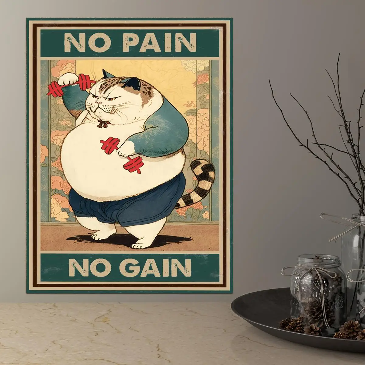 1pc Canvas Painting Wall Art Poster Workout Gym Funny Fat Cat Bodybuilding Poster Vintage Living Room Home Decor No Frame