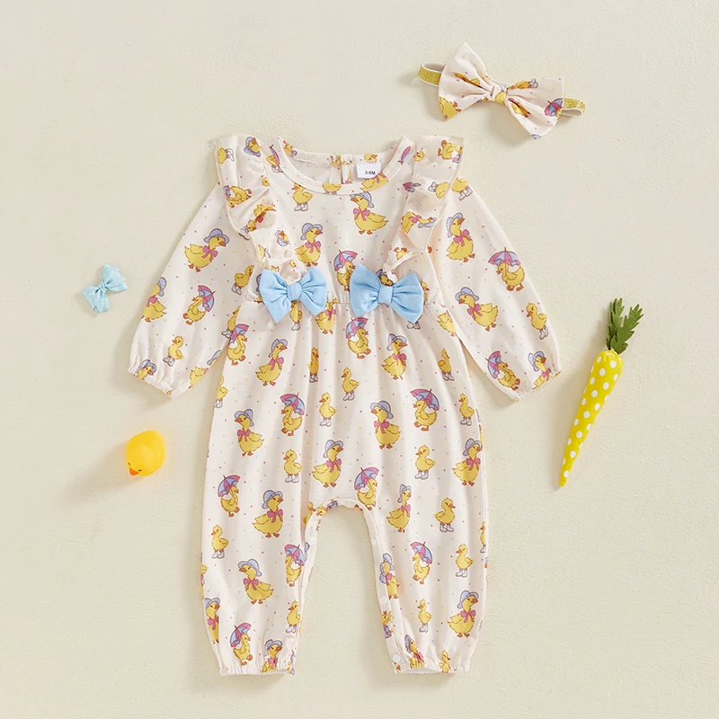 Baby Girl 2Pcs Easter Outfits Long Sleeve Round Neck Bunny/Duck Print Jumpsuit with Headband Set Newborn Clothes