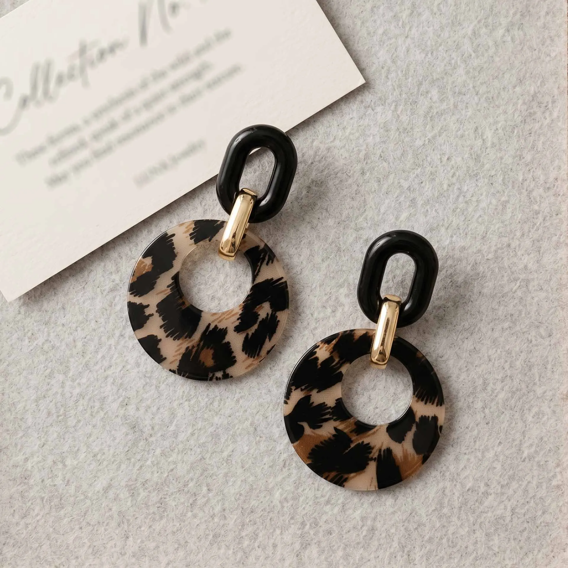 Retro Leopard Print Circle Drop Earrings Color Block Geometric Design European Style All-match Women Fashion Earrings