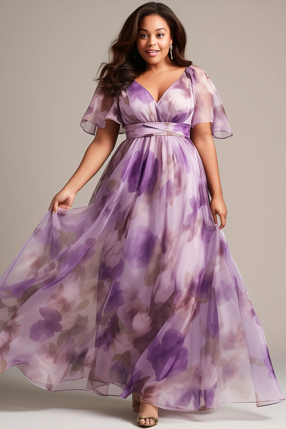 Flycurvy Plus Size Wedding Guest Purple Organza Floral Print Wrap Flutter Sleeve Maxi Dress
