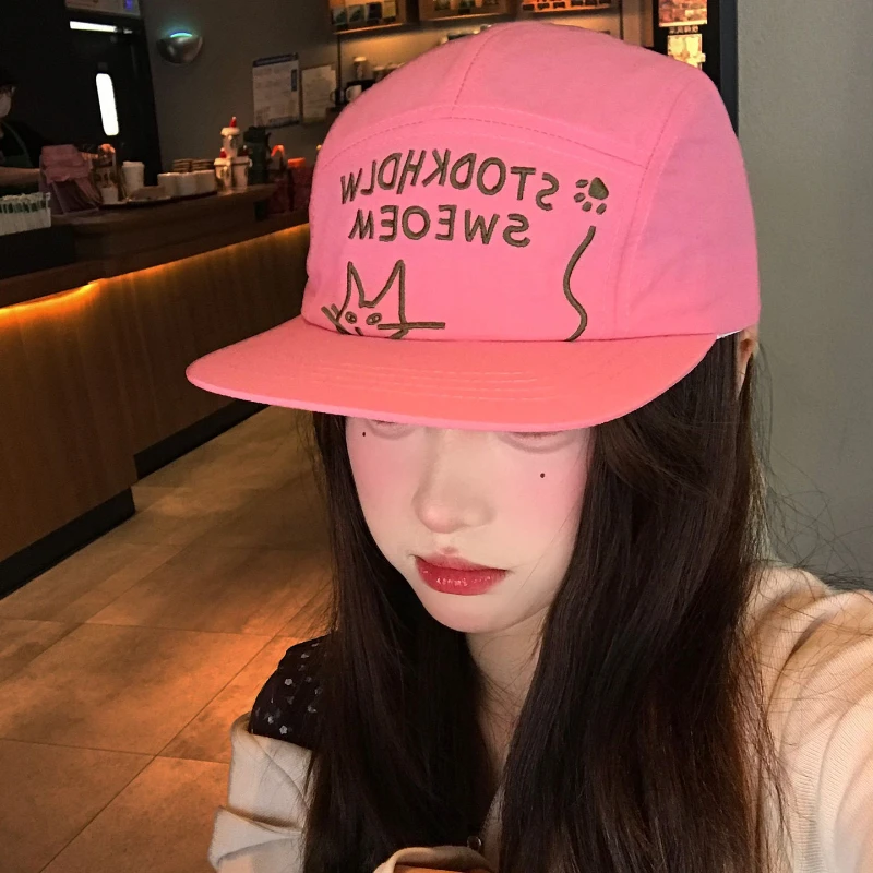1 Stück Sonnenschutz-Flatcap mit Schirm für Damen, schnelltrocknende koreanische Cartoon-Baseballkappe mit Katzenmotiv für Damen, bestickte Baseballmütze mit Buchstaben