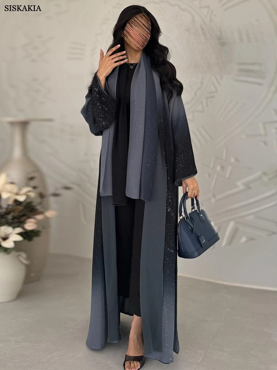 Siskakia Fashion Chiffon Gleam Shiny Gradient Long Sleeve Open Abaya Caftan Marocain Femme Saudi Luxury Woman Evening Dress