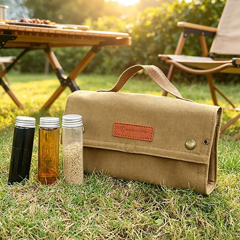 Seasoning Storage Bag 10 Glass Spice Bottles Camping BBQ Picnic Outdoor Cooking Condiment Organizer 16 oz Canvas Travel Pouch