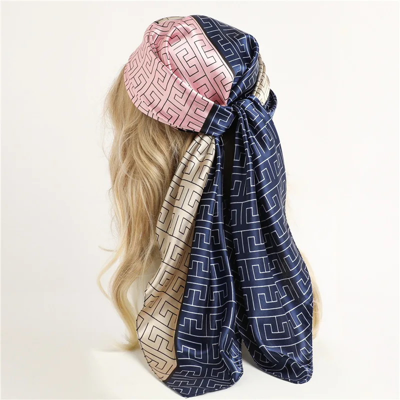 90cm Silk Satin Hijab Square Scarf Women Luxury Print Elegant Hair Hand Bag Foulard Shawl Wraps Neck Tie Headkerchief Bandana