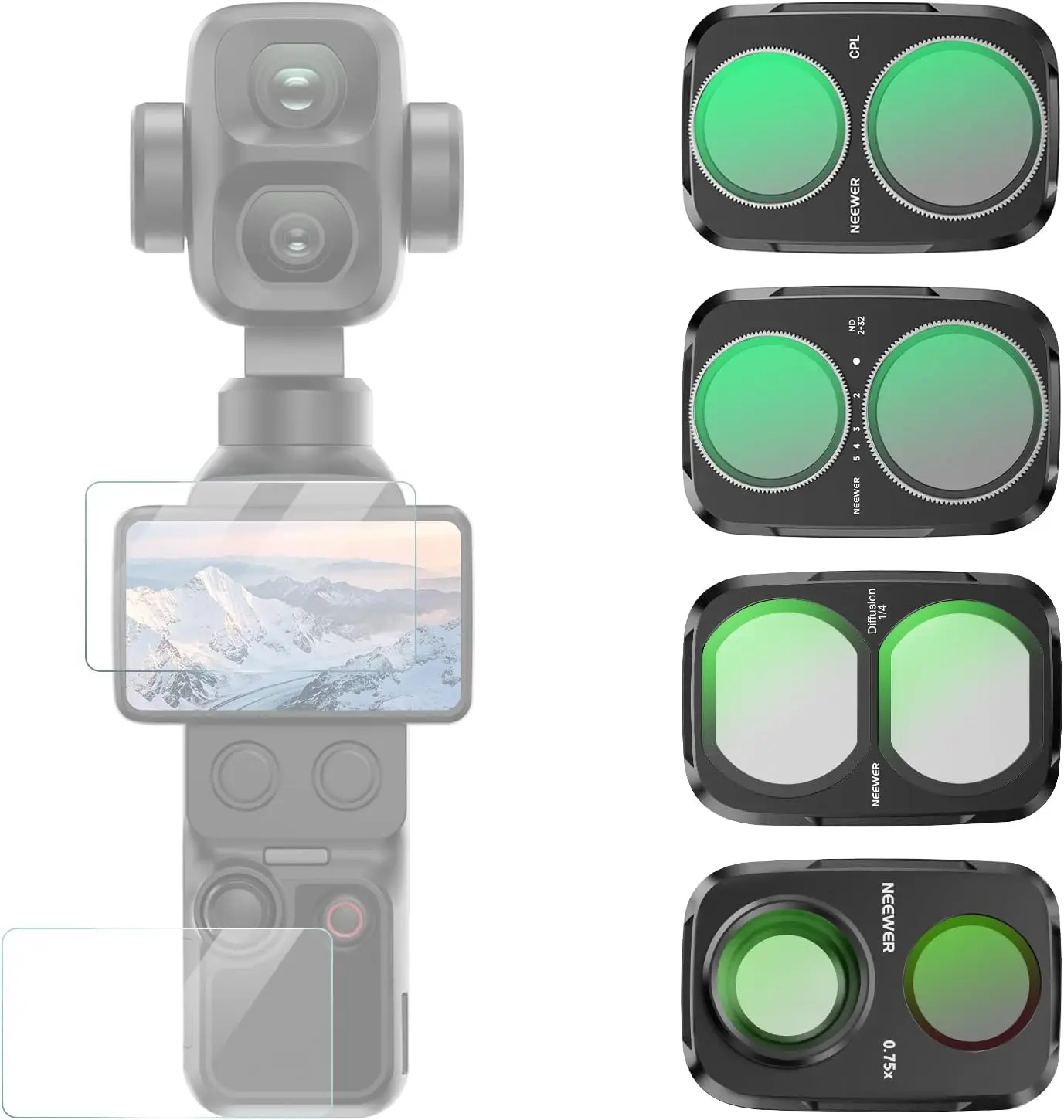 NEEWER Filter&Lens For DJI Osmo Pocket 4P Xtra Muse 2 Pro,ND 2-32,Circular Polarizer CPL,Black Diffusion 1/4 Filter