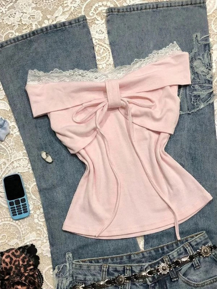 

Japanese Sweet Short Sleeve Slim Tops Women Elegant Chic Bow Off Shoulder Solid T-Shirt Cute Pretty Skinny Pink Lace Up Pullover