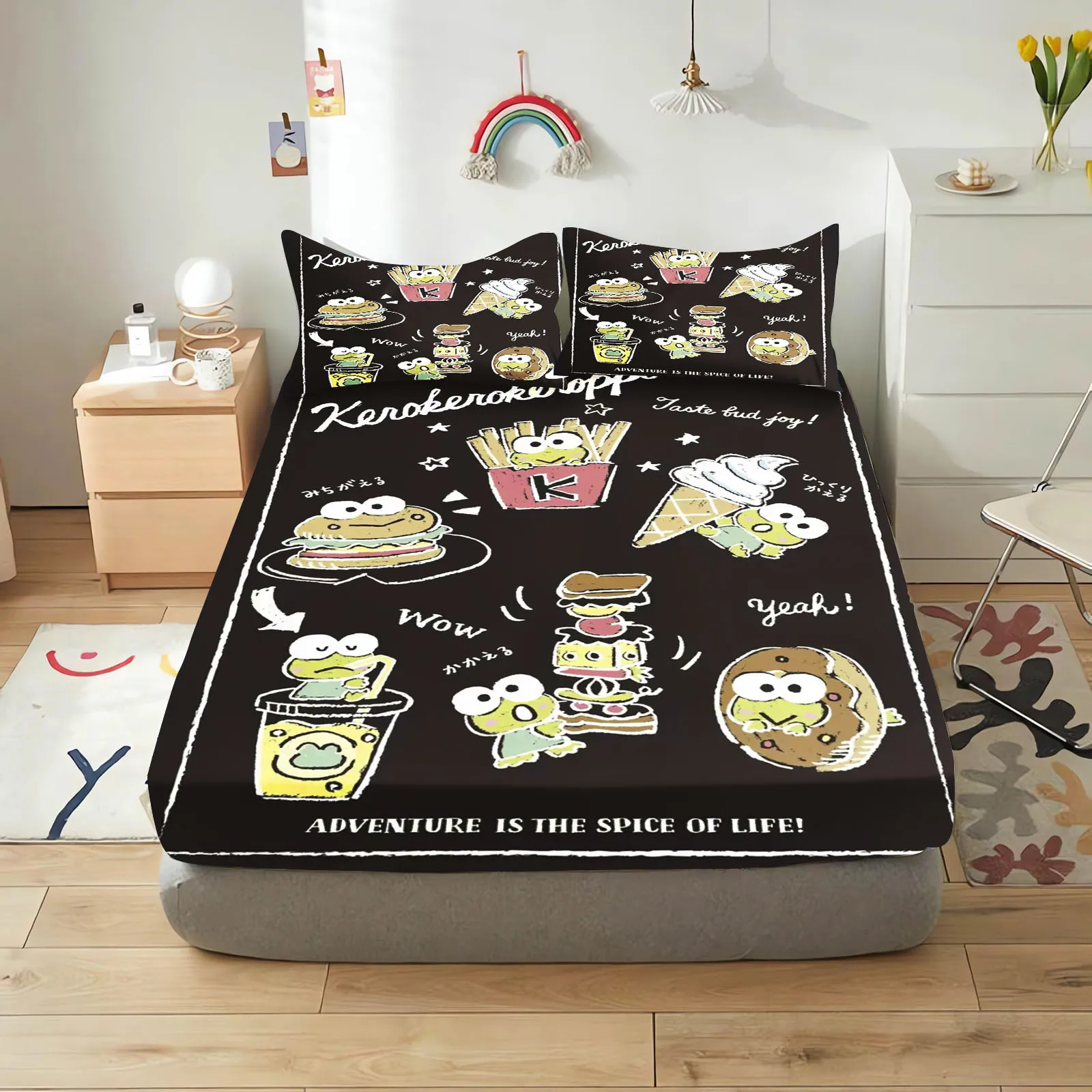 Kerokero Fitted Sheet Children 100% Polyester Coverage Sheets Cartoon Cover Elastic Cute Digital Printing Bedding Teenager