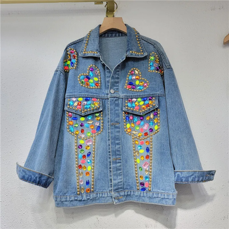 

Spring Women Vintage Washed Blue Short Denim Jacket Fashion Rivet Beaded Diamond Loose Casual Female Jeans Jacket Streetwear