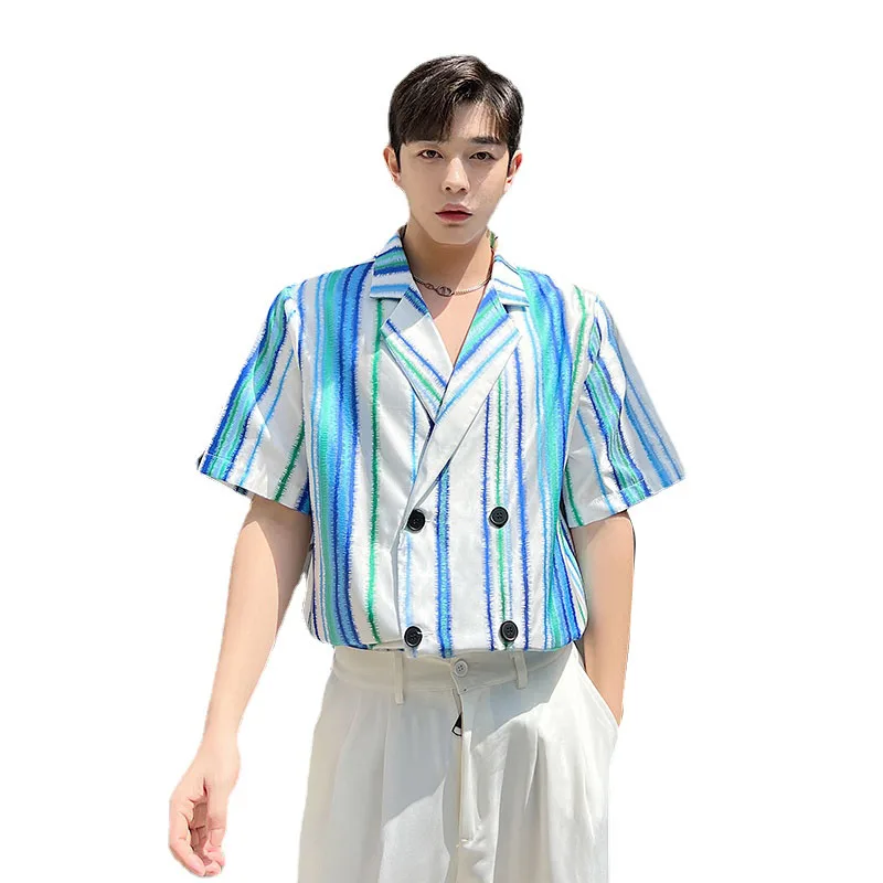 Korean Fashion Net Celebrity Shirt Men Suit Style Short Sleeve Shoulder Pad Double Breasted Loose Casual Blue Stripe Shirts Male