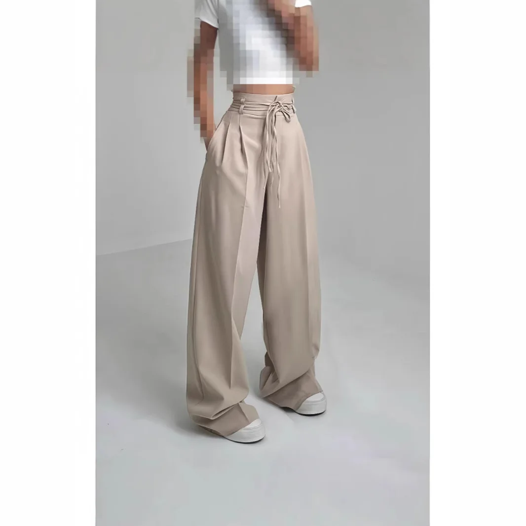 High Waist Pant Women Casual Wide Leg Pants Pockets Lace Up Y2k Streetwear Floor Length Trousers Summer Office Lady Elegant