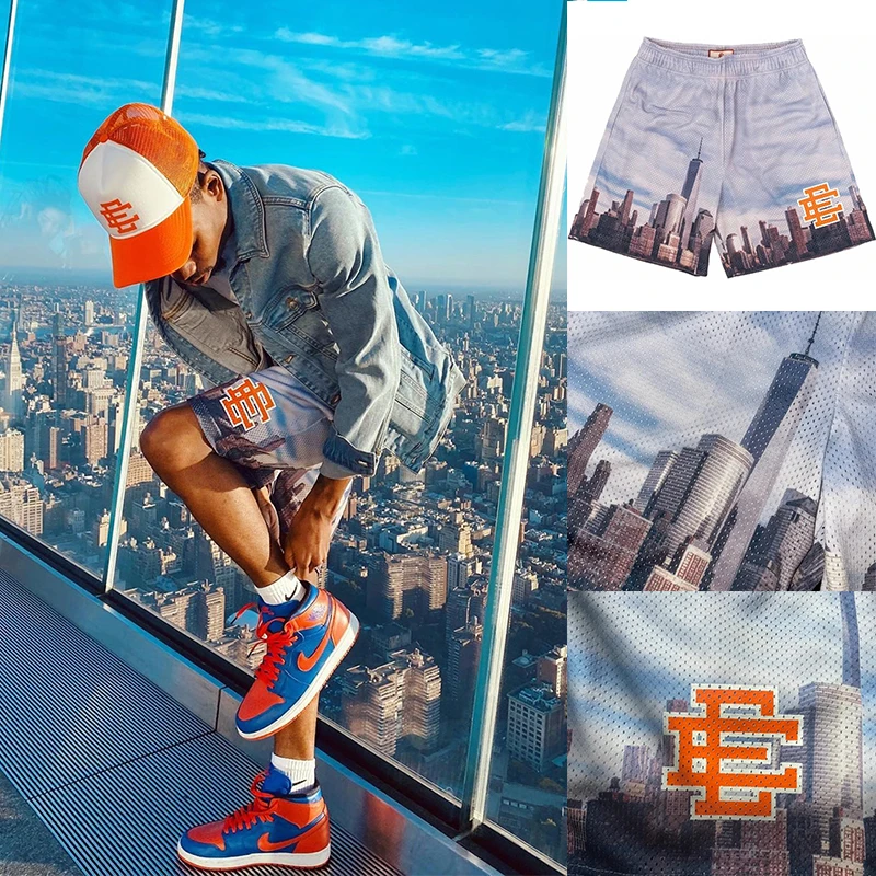 EE-pantalones cortos deportivos para hombre, shorts informales con diseño de la ciudad de Nueva YORK SKYLINE, de malla, para gimnasio y